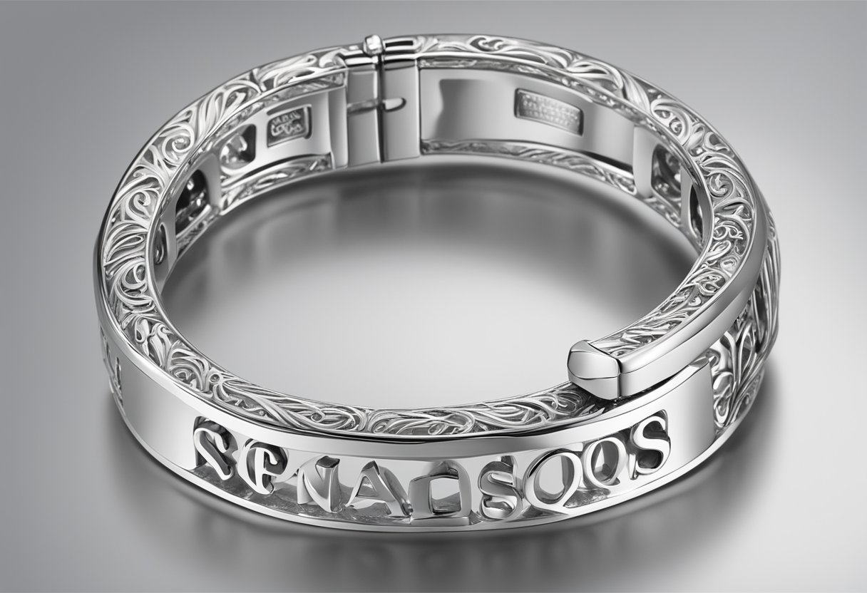 A shiny, durable bracelet with "Frequently Asked Questions" engraved on it, displayed in a Singaporean jewelry store