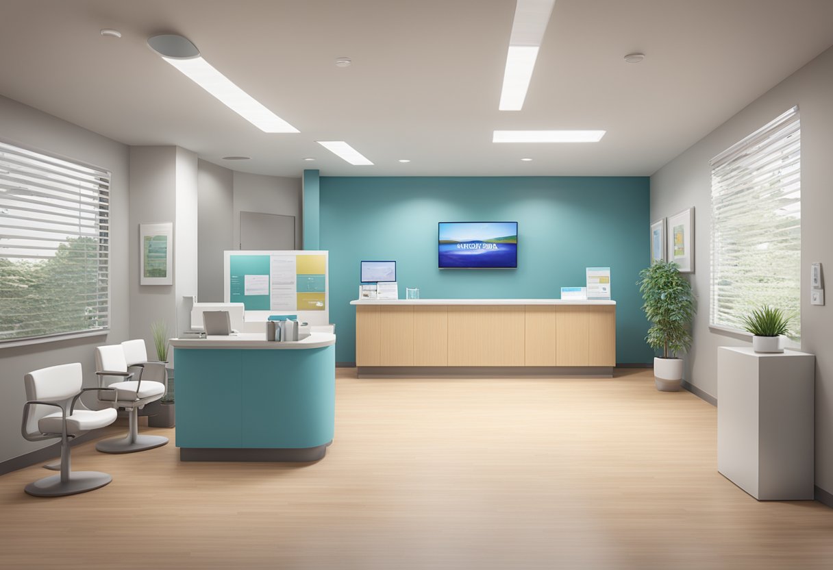 A dentist's office with a reception desk, waiting area, and informational brochures about Invisalign treatment