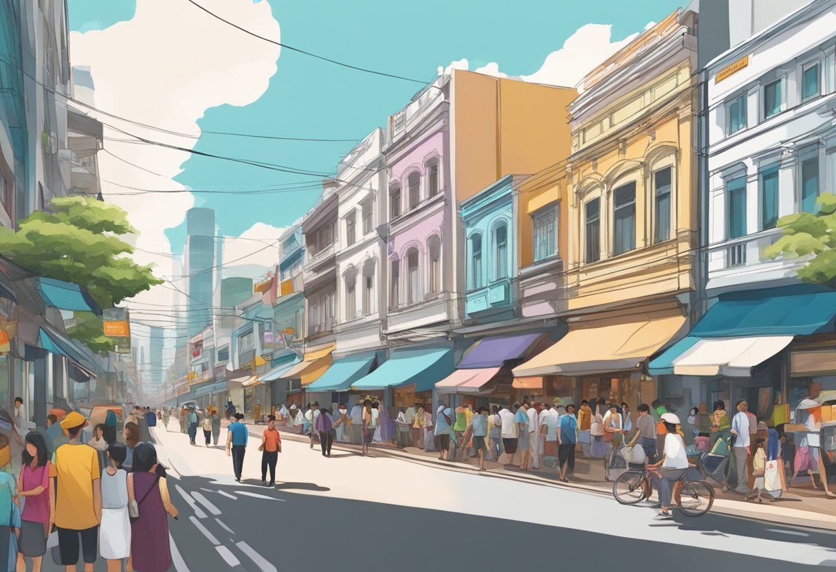 A bustling city street in Yishion Singapore, with colorful storefronts and busy pedestrians