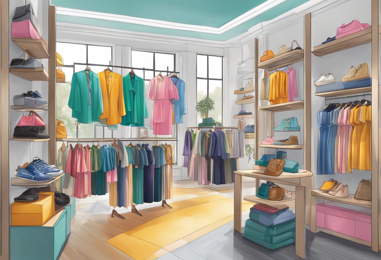 A vibrant display of Yishion's fashion collections, featuring a range of stylish clothing and accessories, showcased in a modern and sleek retail space