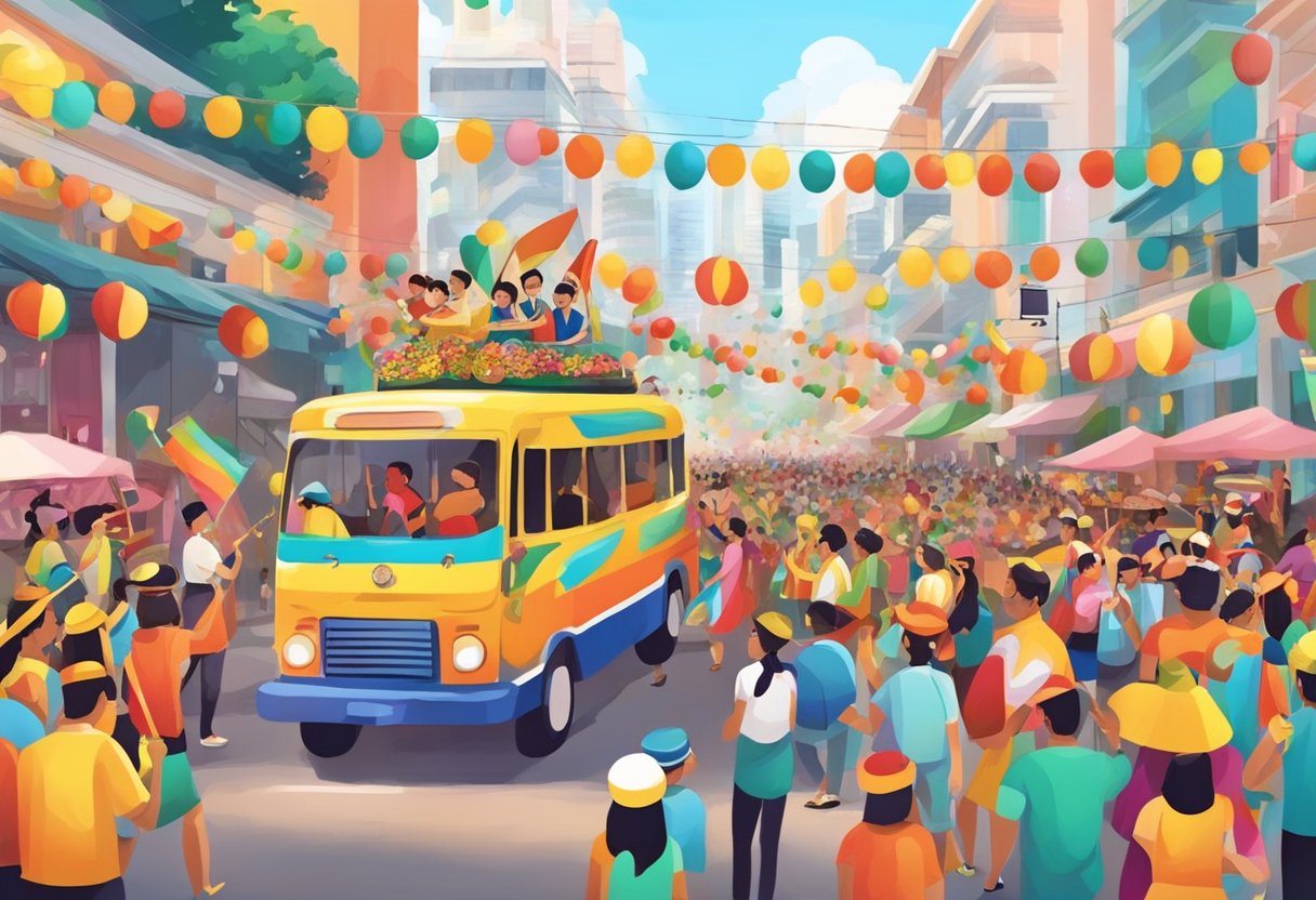 Vibrant street parade with colorful floats, traditional dancers, and lively music. A diverse crowd gathers to celebrate cultural festivities in Singapore