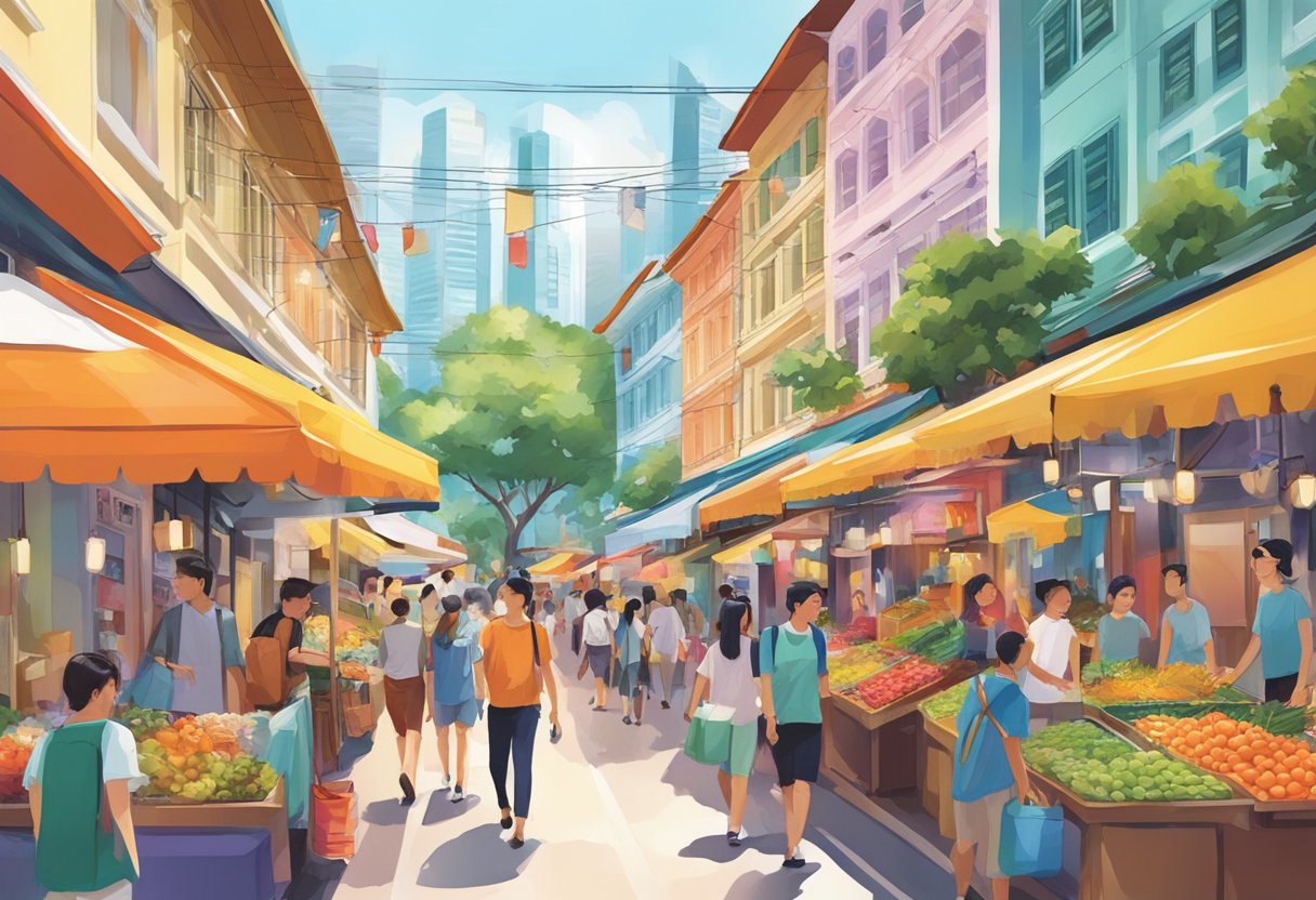 People walk through colorful streets, passing bustling markets and vibrant storefronts in Singapore's diverse districts