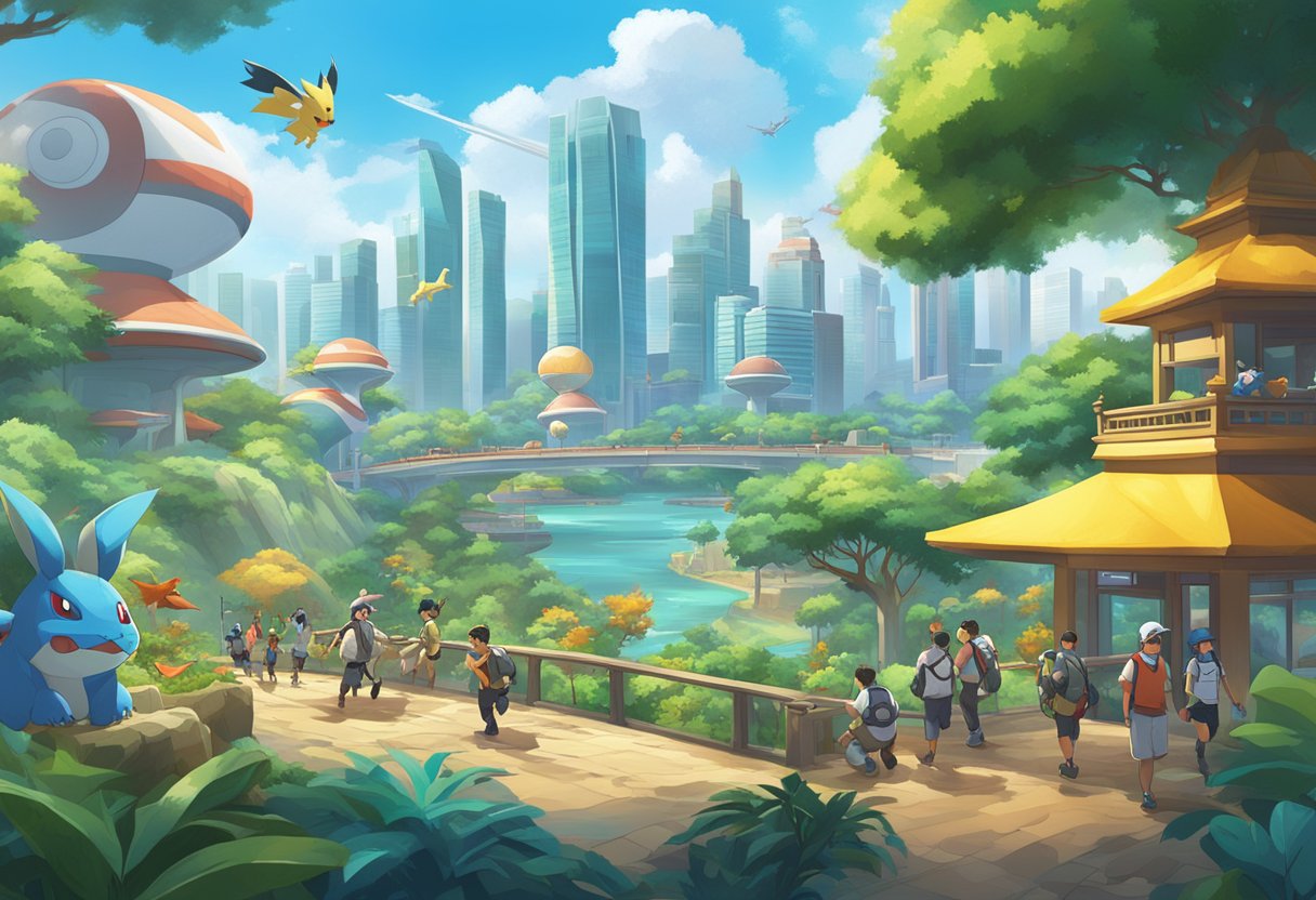 A vibrant scene of Pokemon Gaole in Singapore, with colorful characters engaging in battles and exploration, set against a backdrop of futuristic cityscape and lush greenery
