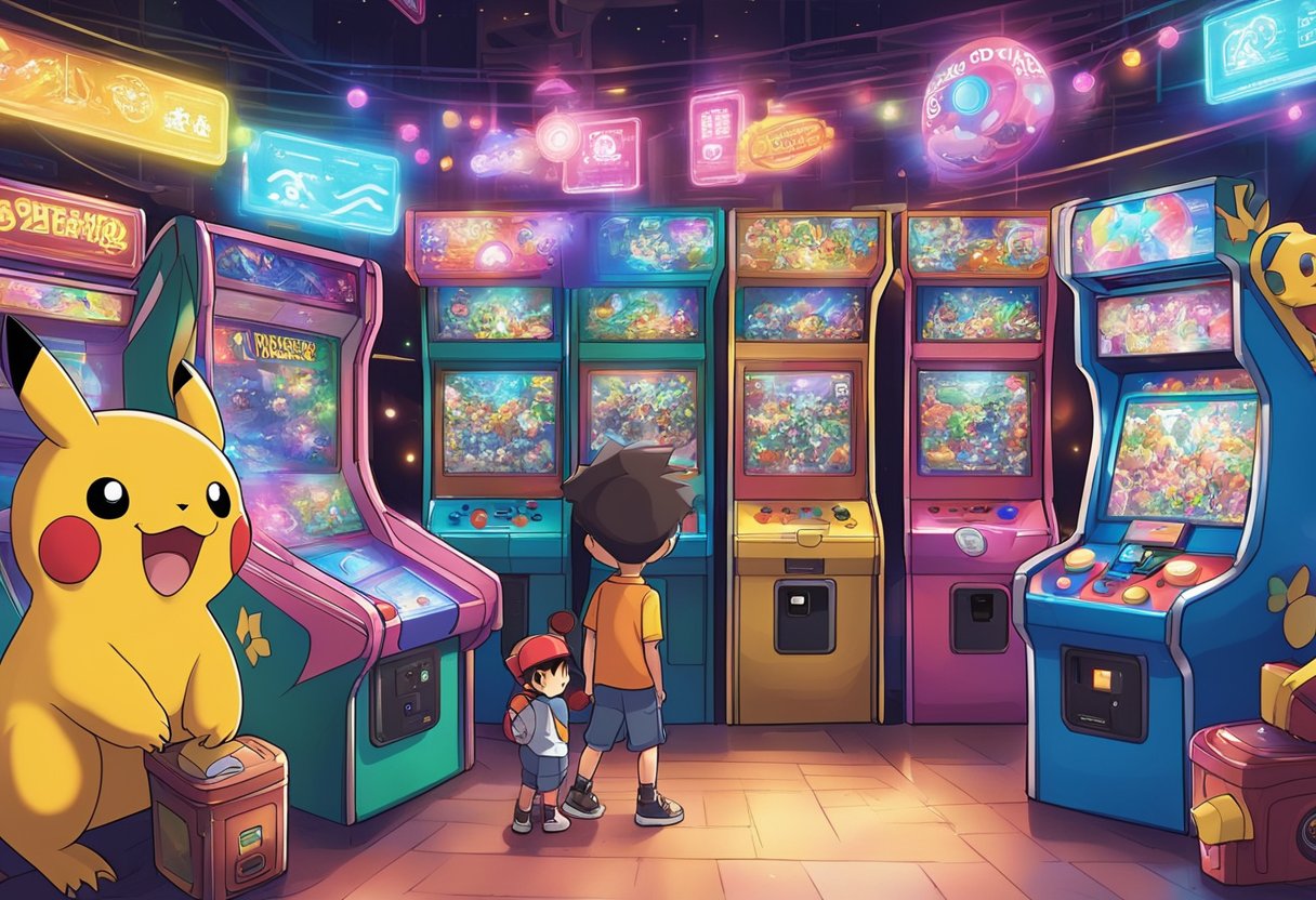 A bustling arcade in Singapore showcases Pokémon Ga-Olé machines amid colorful lights and excited players