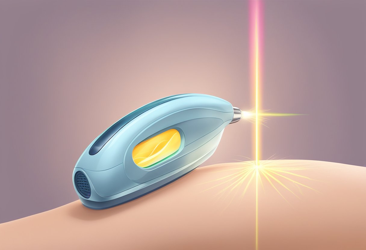 A laser device emitting light onto a patch of skin, targeting hair follicles. The skin appears smooth and hair-free after treatment