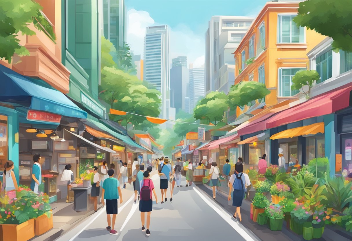 A bustling street in Singapore, with colorful shopfronts and vibrant signs, surrounded by lush greenery and bustling with activity