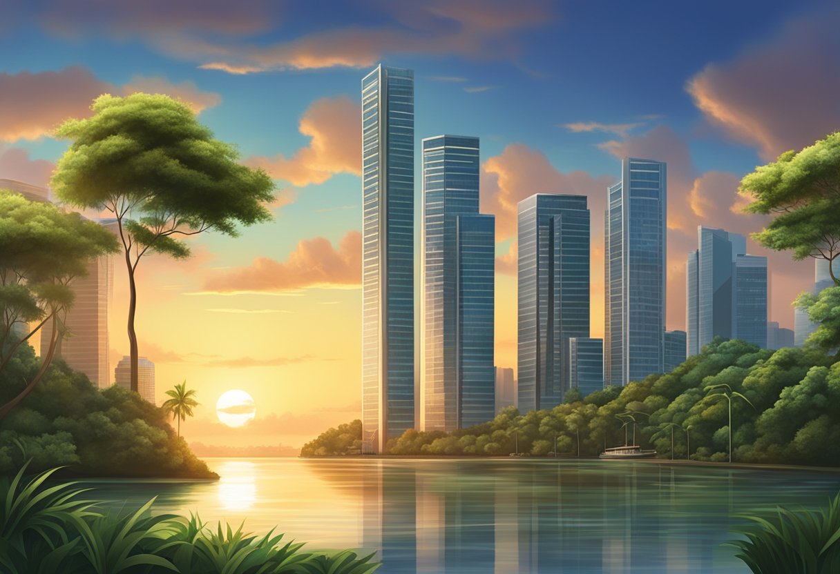 The sun sets over the tranquil waters of Long Island, Singapore, casting a warm glow on the lush greenery and towering skyscrapers in the distance