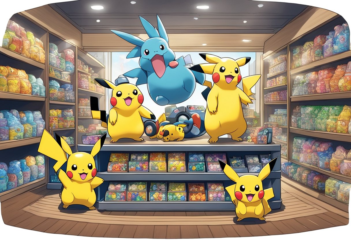 A colorful display of Pokemon figures and merchandise arranged on shelves with a "Frequently Asked Questions" sign at the entrance of the Pokemon Gaole store in Singapore