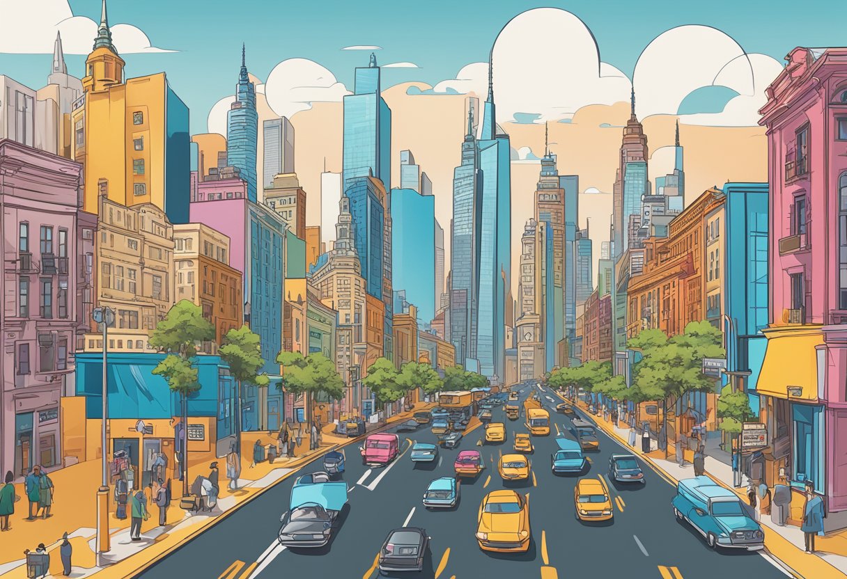 A colorful cityscape with iconic landmarks and bustling streets, featuring the Marhen.J brand logo prominently displayed on a storefront or billboard