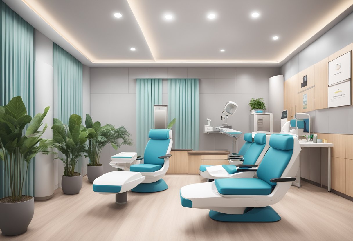 A modern clinic in Singapore with laser hair removal equipment, comfortable waiting area, and professional staff