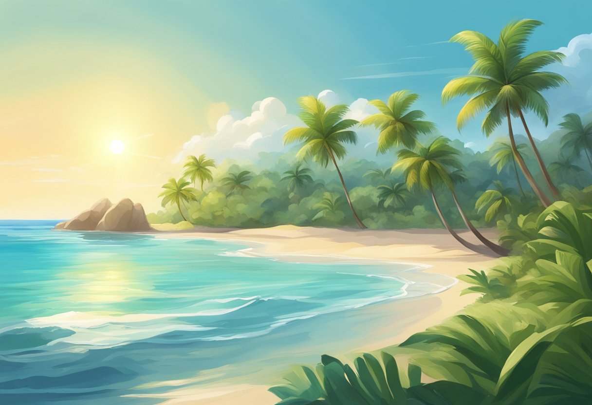A serene tropical island with lush greenery, clear blue waters, and a pristine sandy beach. The sun is shining, and the palm trees sway gently in the breeze