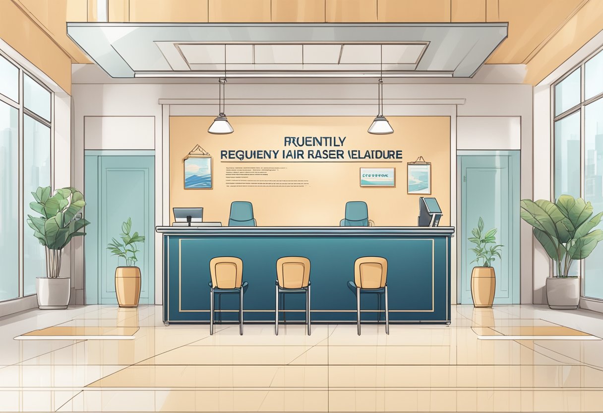 A reception desk with a sign reading "Frequently Asked Questions: laser hair removal Singapore" and a waiting area with comfortable chairs
