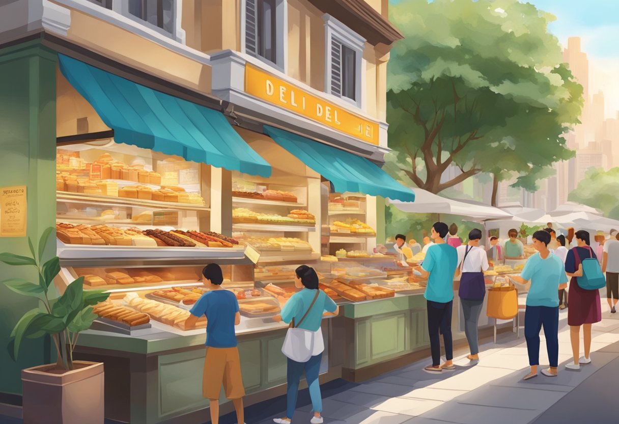 A bustling Prima Deli in Singapore, filled with colorful pastries and aromatic bread, with customers enjoying their freshly baked treats