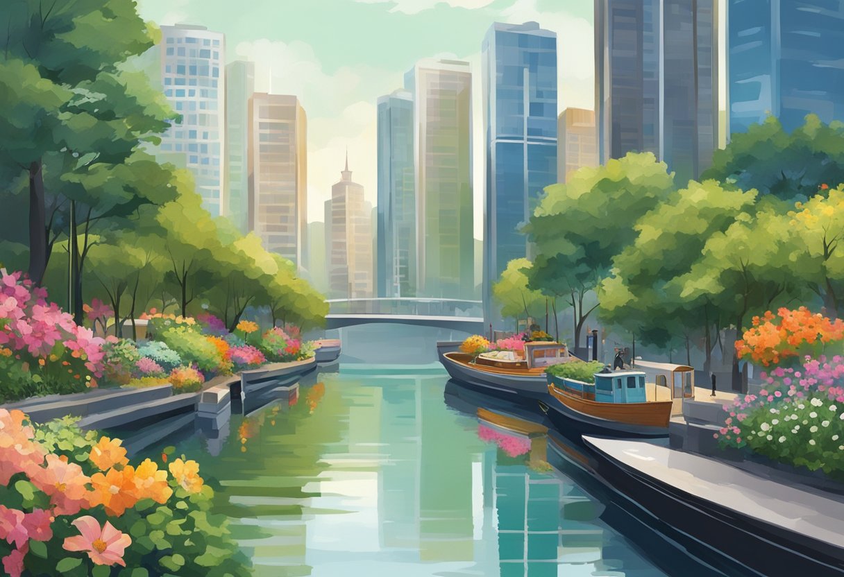 Tall skyscrapers line the waterfront, reflecting in the calm waters of the harbor. Lush greenery and vibrant flowers adorn the streets, creating a harmonious blend of urban and natural landscapes