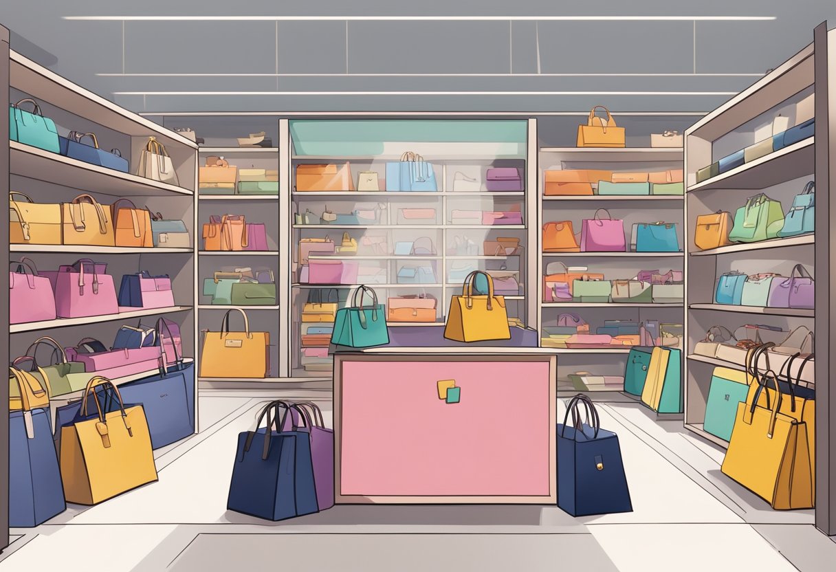 A colorful display of products at a marhen j singapore store, with shelves filled with stylish bags and accessories, and a sign showcasing the latest shopping guide