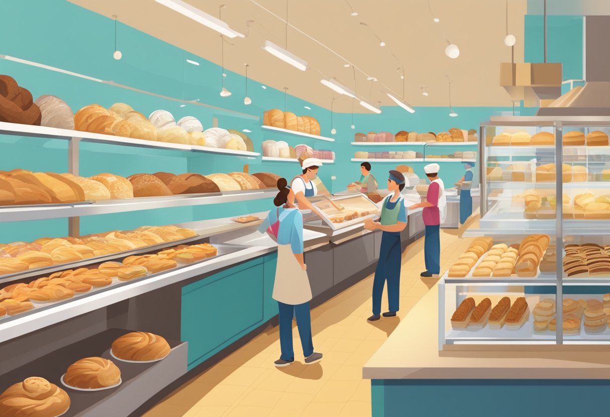 A bustling bakery with shelves of fresh bread, pastries, and cakes. Customers browse the colorful displays while staff busily prepare orders