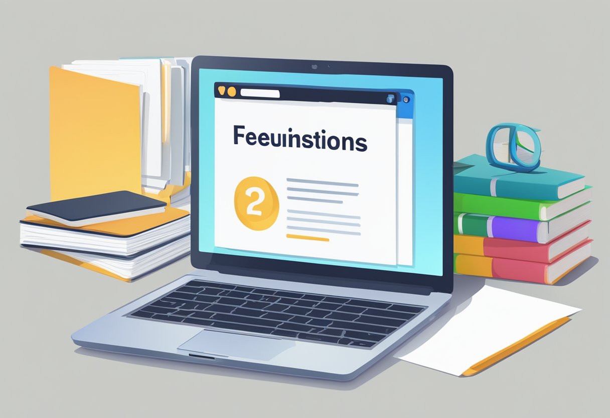 A laptop with "Frequently Asked Questions" on the screen, surrounded by a stack of papers and a pen