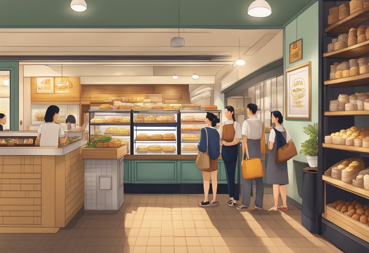 Customers entering Prima Deli Singapore, greeted by warm lighting, enticing aroma of freshly baked goods, and friendly staff ready to assist