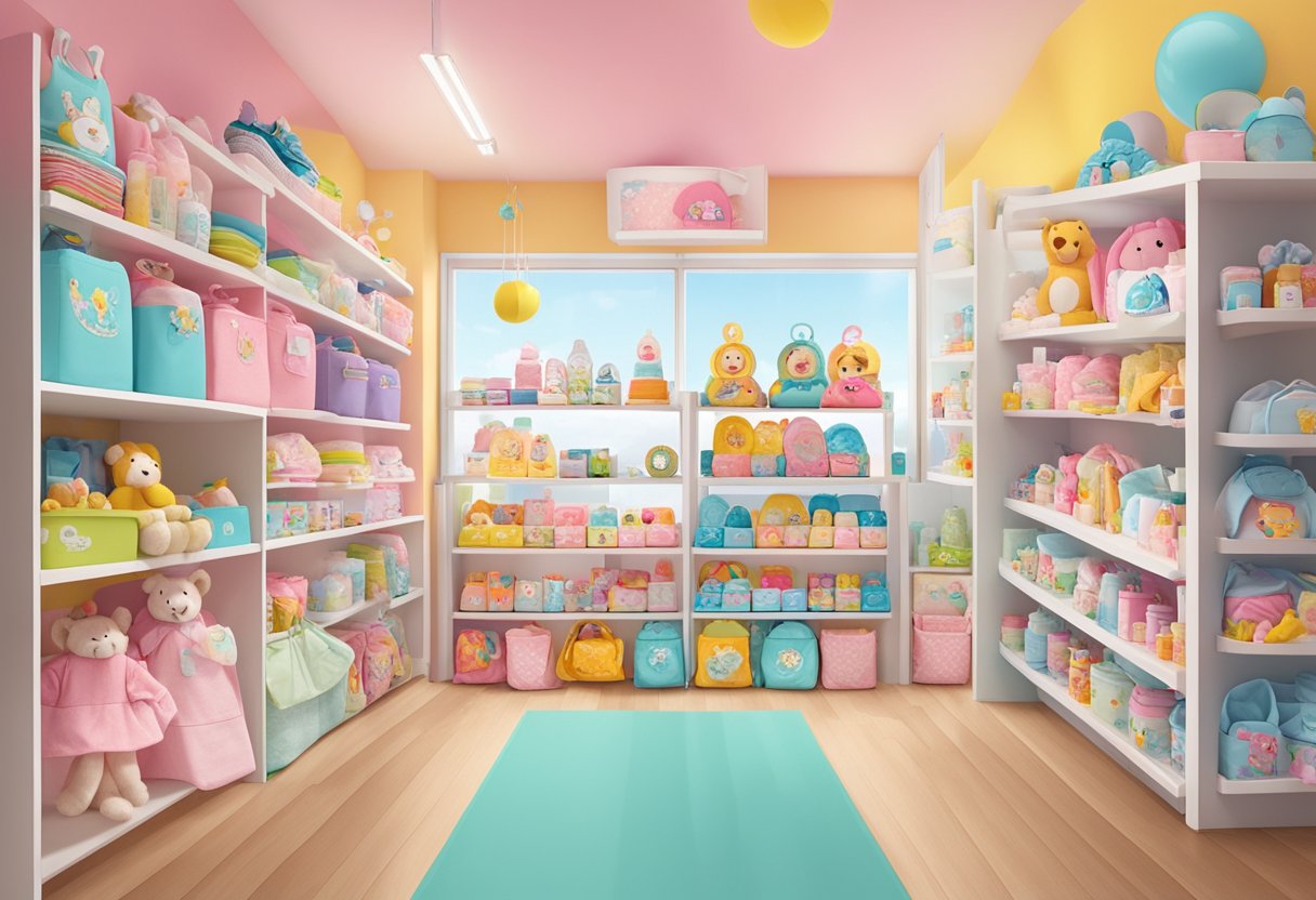 A colorful array of baby products from Pupsik Singapore displayed on shelves, including toys, clothes, and accessories