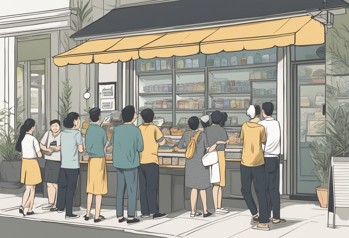 Customers line up at the Prima Deli in Singapore, reading and asking questions from the "Frequently Asked Questions" board