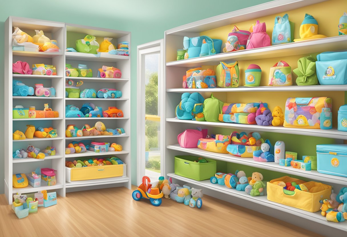 A colorful array of baby products, toys, and accessories displayed on shelves with the Pupsik logo and branding