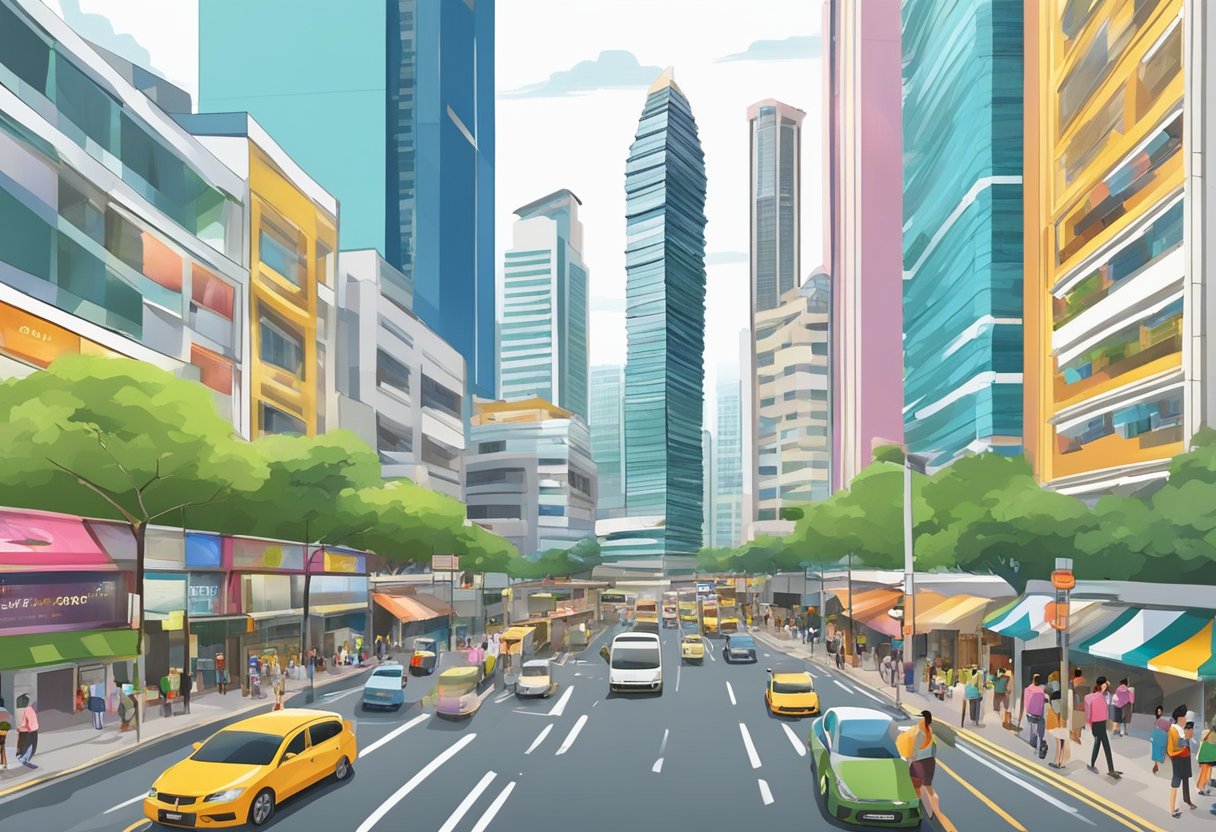 A busy street in Singapore with a tall tower at 10 Jln Besar, Sim Lim Tower, surrounded by bustling activity