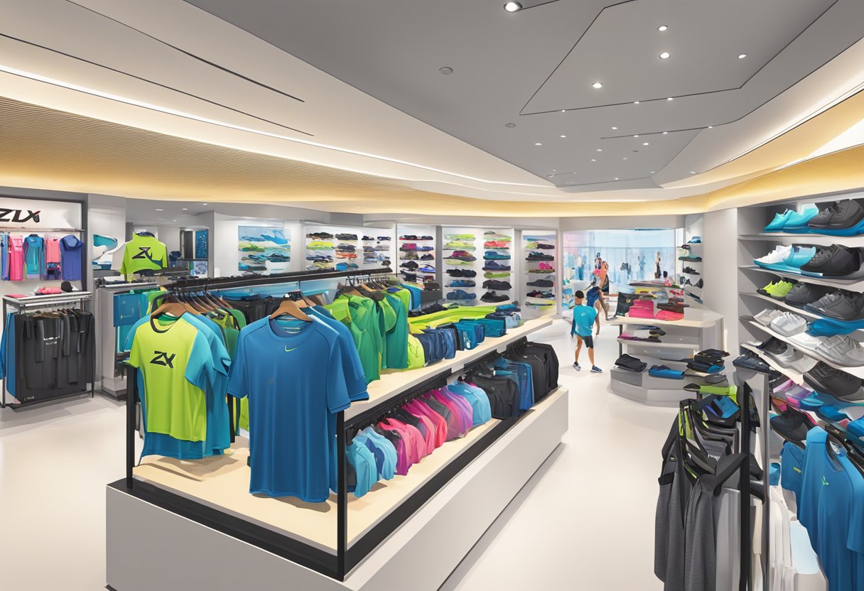 A bustling 2XU store in Singapore, with vibrant displays and customers browsing high-performance sportswear and accessories