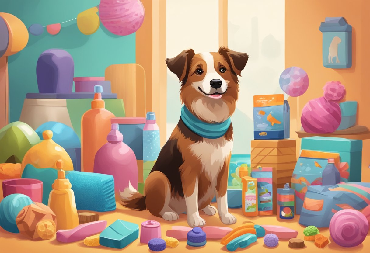 A happy dog with a wagging tail sits beside a pile of Pupsik products, including toys, treats, and grooming supplies, all neatly displayed on a vibrant and inviting backdrop