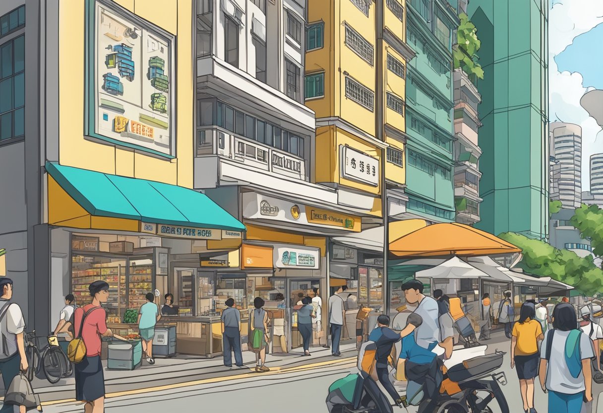 The scene shows a bustling street with shops, restaurants, and people. A tall building with the sign "Sim Lim Tower" stands at 10 Jln Besar, Singapore