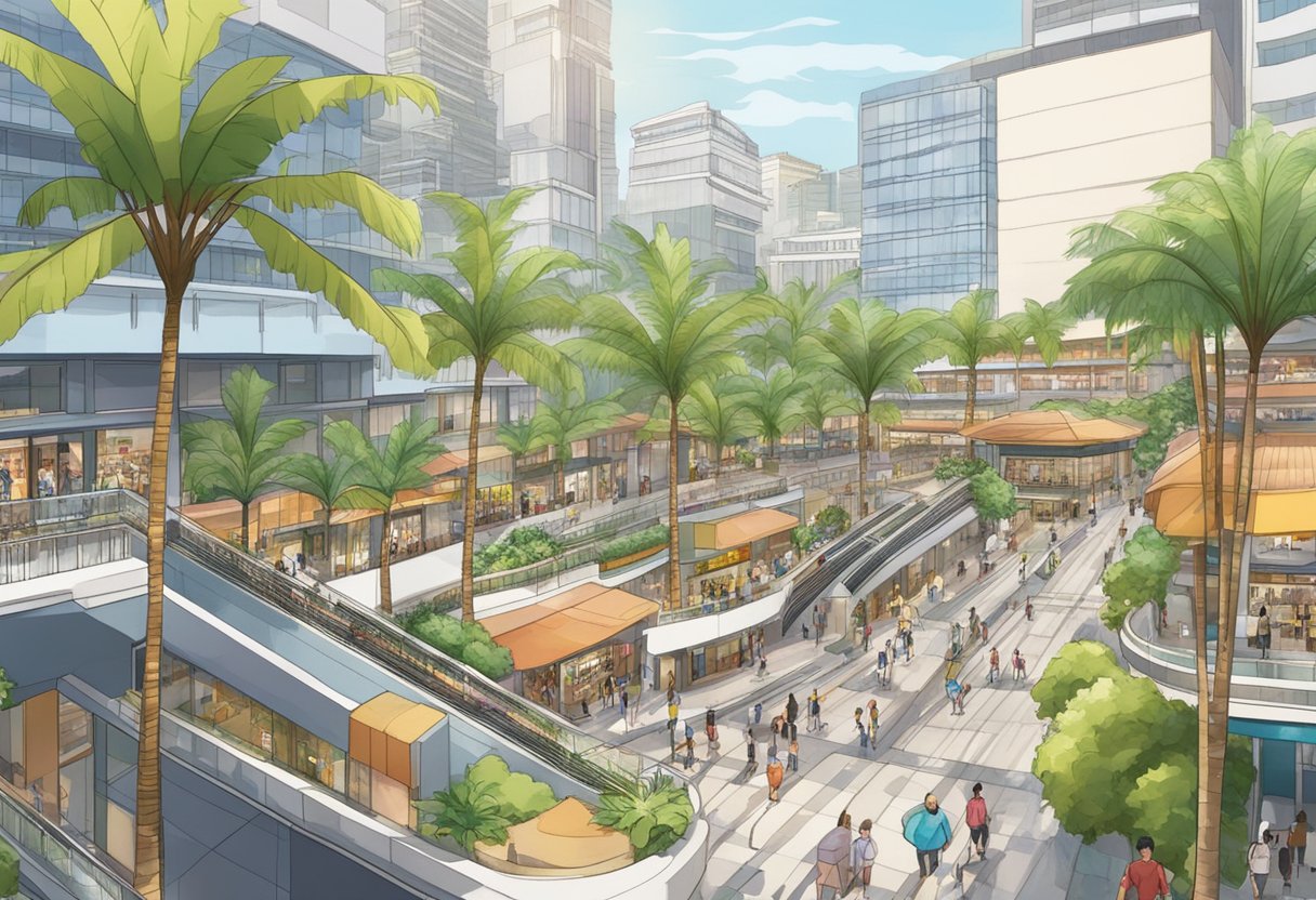 Parkway Parade: A bustling shopping mall in Singapore, surrounded by high-rise buildings and palm trees