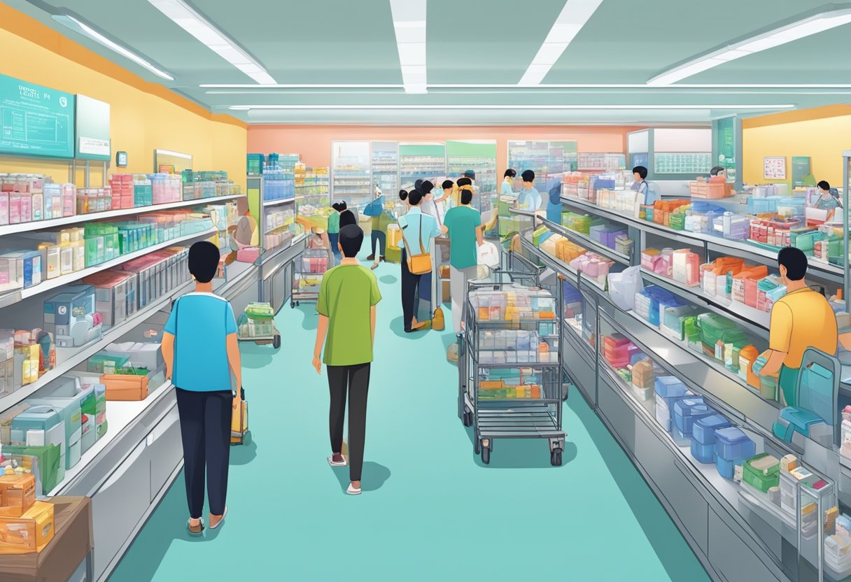 A bustling rehab mart in Singapore with rows of medical equipment and supplies, bright lighting, and customers browsing the aisles