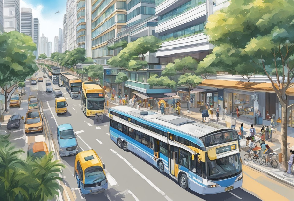 A bustling street in Singapore, with tall buildings and busy traffic. The address "80 Marine Parade Rd, Parkway Parade, Singapore 449269" is prominently displayed on a storefront