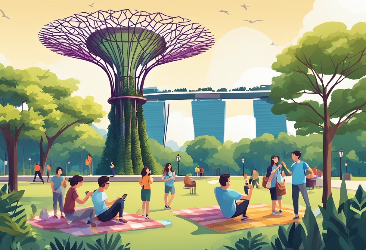 Friends enjoying a picnic at Gardens by the Bay, playing frisbee, and taking selfies with the iconic Supertree Grove in the background