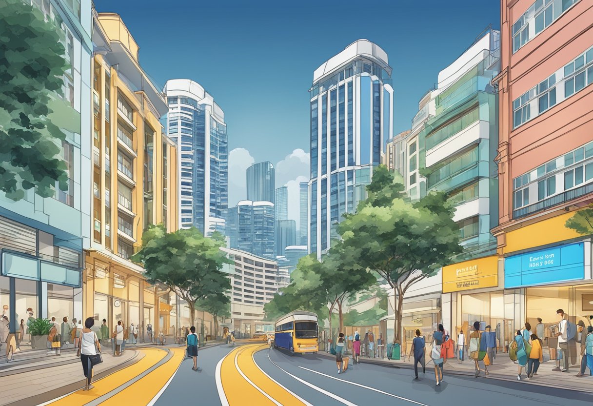 A bustling street with a prominent building labeled "Frequently Asked Questions" at 80 Marine Parade Rd, Parkway Parade, Singapore 449269