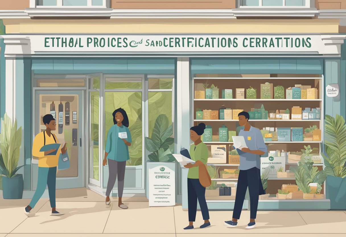 A storefront with "Ethical Practices and Certifications" signage, showcasing various sustainable products and eco-friendly materials. Customers are seen reading informational pamphlets and engaging with knowledgeable staff