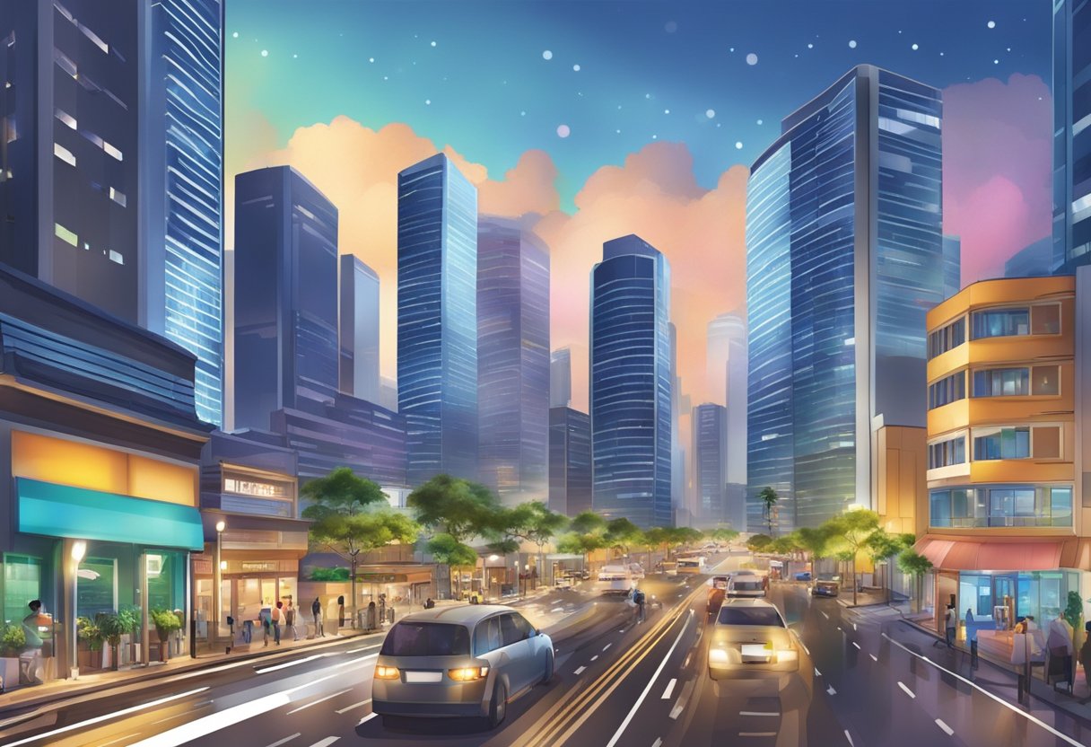 The bustling streets of Airzone Singapore, with high-rise buildings and vibrant city lights, create a dynamic urban landscape