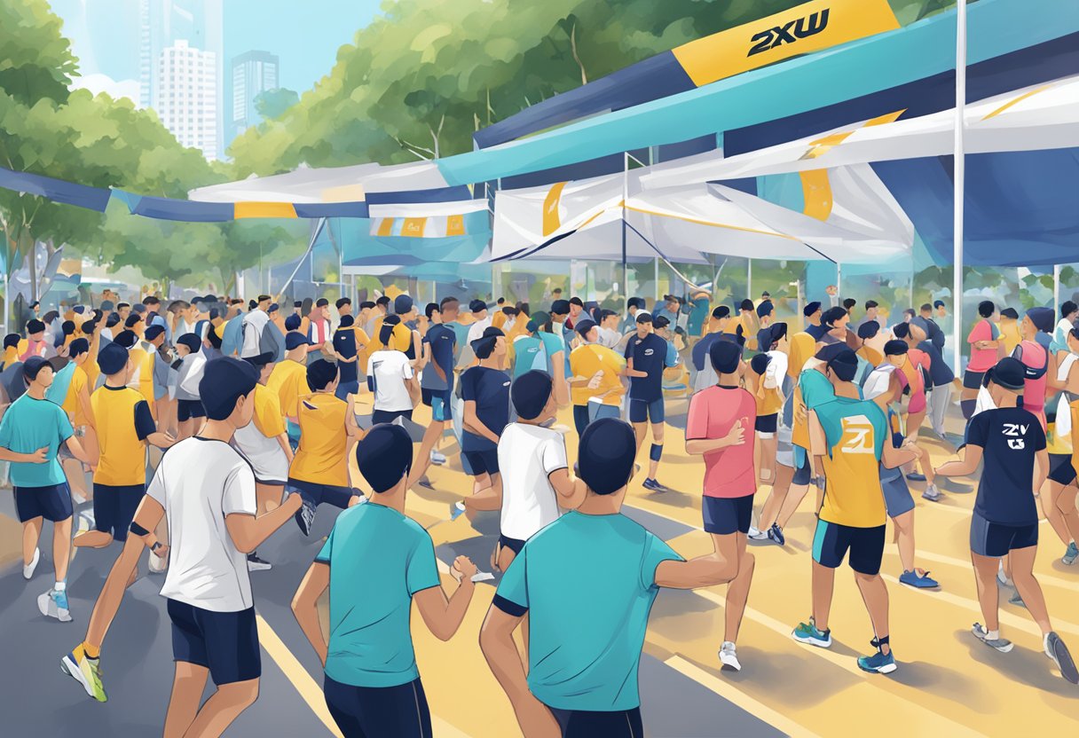 A bustling 2XU Singapore event with people engaging in community activities and sports, surrounded by branded banners and merchandise