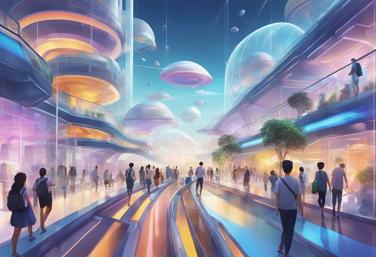 A group of people navigate through the futuristic landscape of Airzone Singapore, with transparent walkways and colorful structures floating in the air