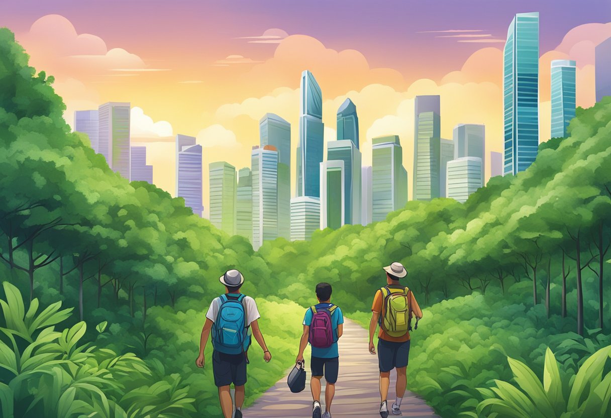 Friends hiking through lush green forest, with a backdrop of towering skyscrapers in Singapore