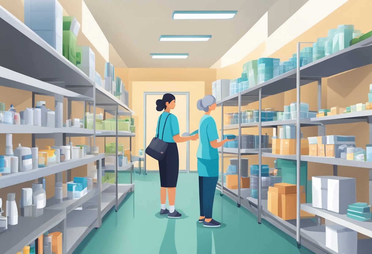 A busy rehabilitation center with people seeking assistance. Shelves stocked with various medical aids and equipment. Staff assisting customers with inquiries