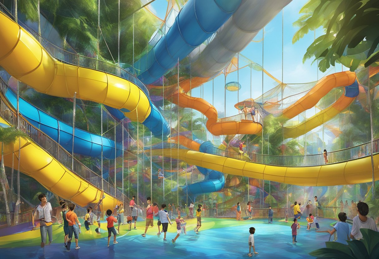 Families gather at Airzone Singapore, exploring the suspended nets and thrilling slides. The vibrant colors and energetic atmosphere create a sense of excitement and adventure