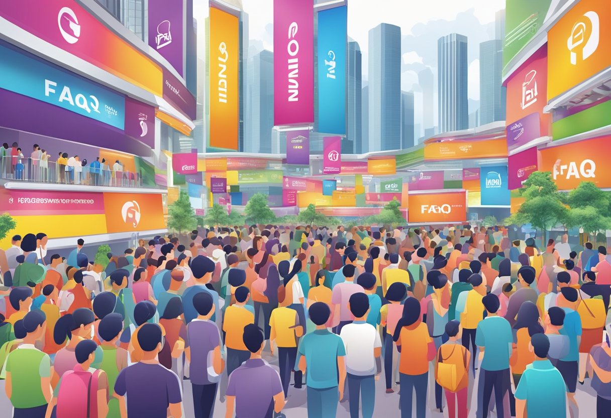 A colorful display of FAQ signs with the Airzone Singapore logo, surrounded by a bustling crowd of visitors seeking information