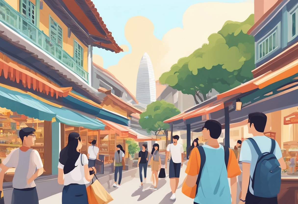 Friends enjoying cultural and leisure activities in Singapore: visiting museums, exploring Chinatown, dining at hawker centers, and strolling along the Marina Bay