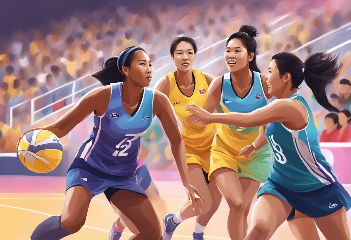 Players passing and shooting in a netball game in Singapore