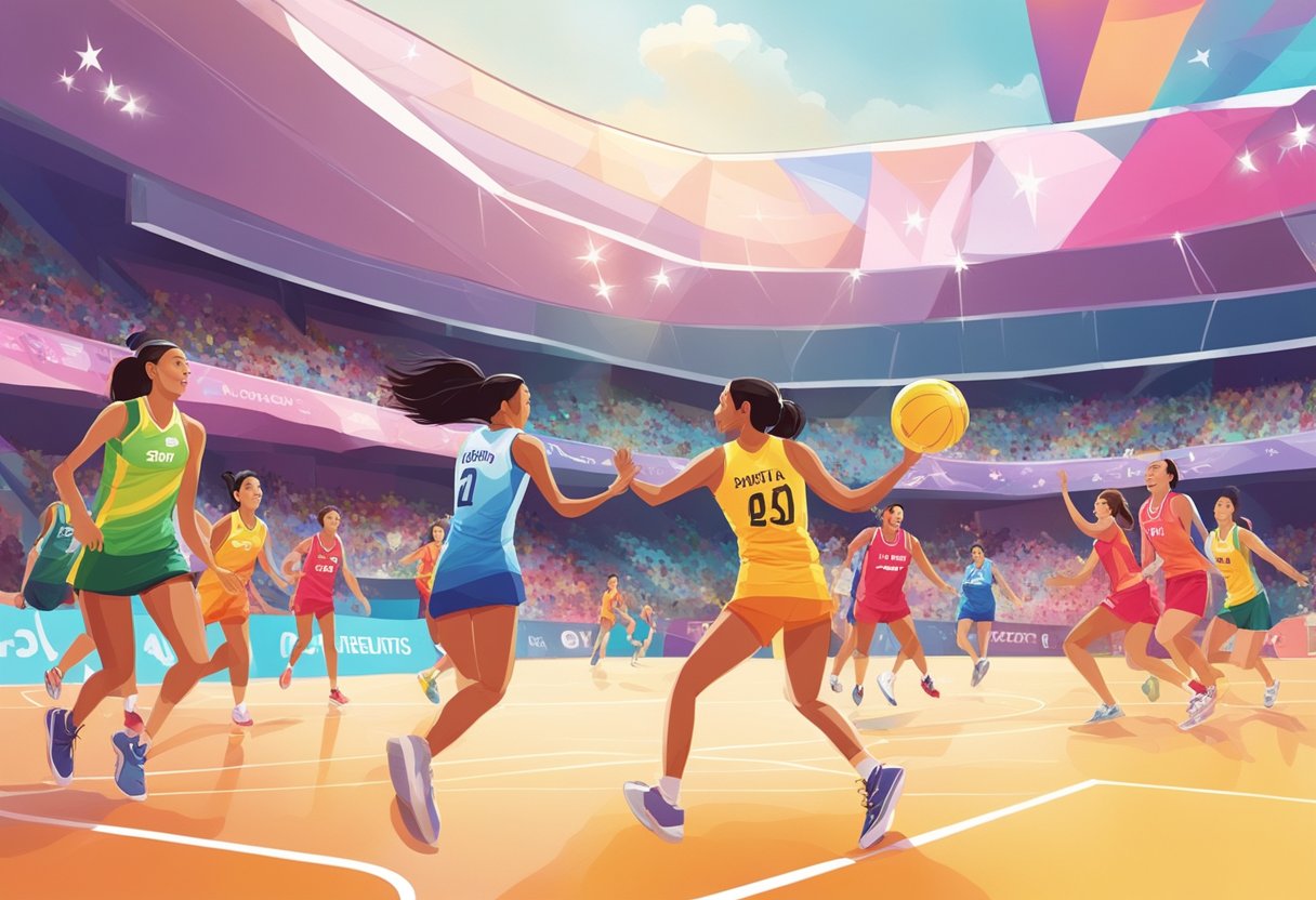 Netball players in Singapore compete on a vibrant court, surrounded by cheering fans and modern facilities, showcasing the growth and history of the sport in the country