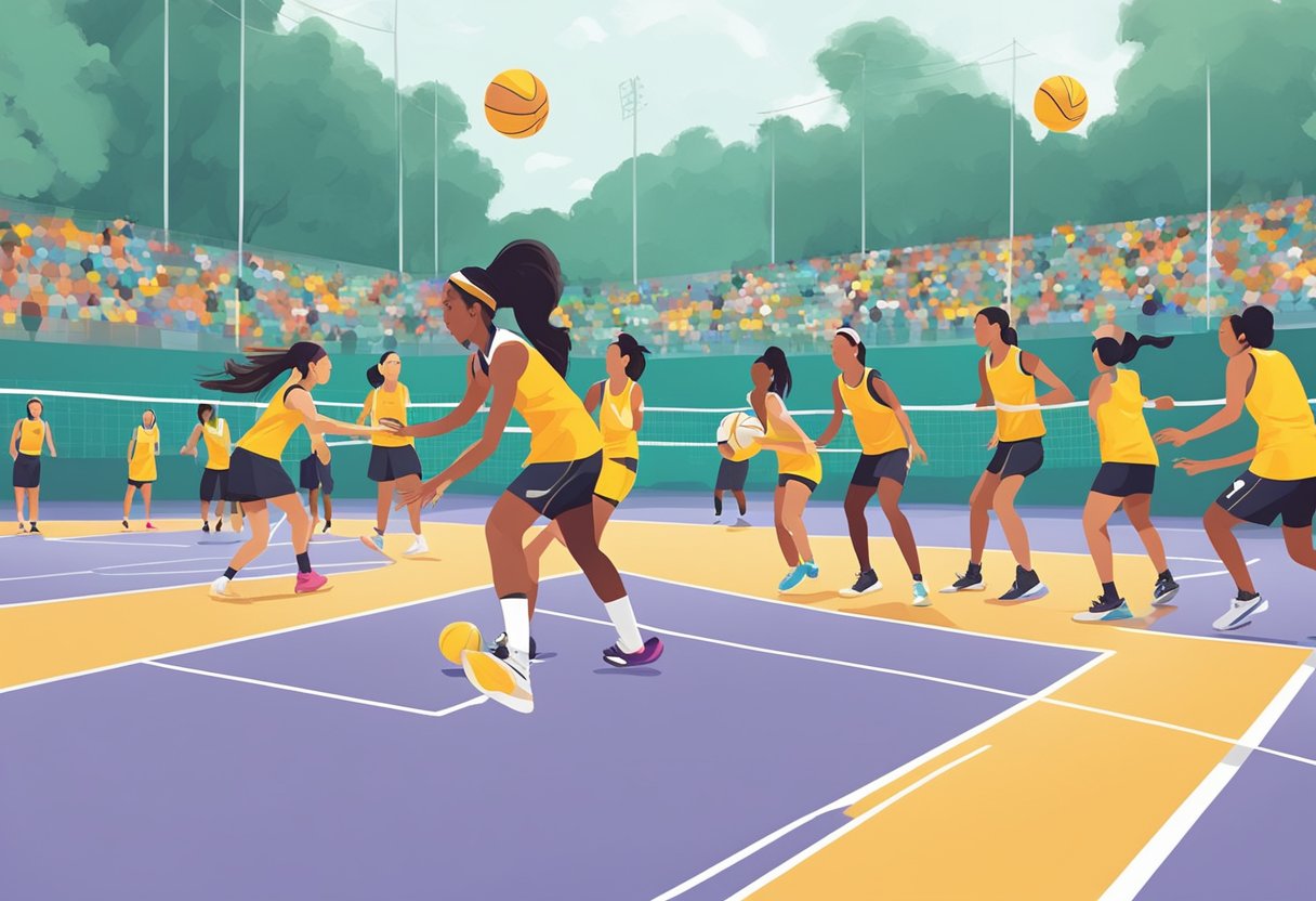 Players passing ball on a netball court in Singapore