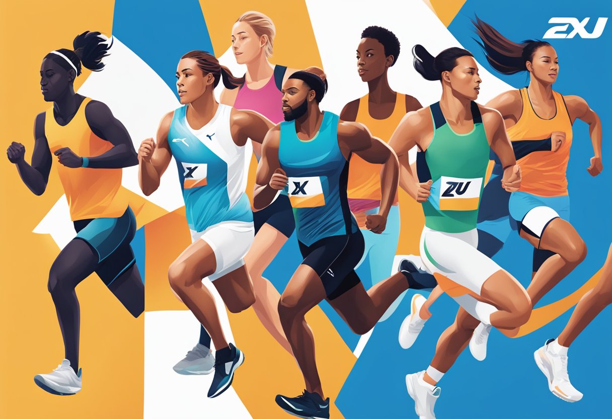 A stack of FAQ pamphlets with the 2XU logo, surrounded by a diverse group of athletes in motion