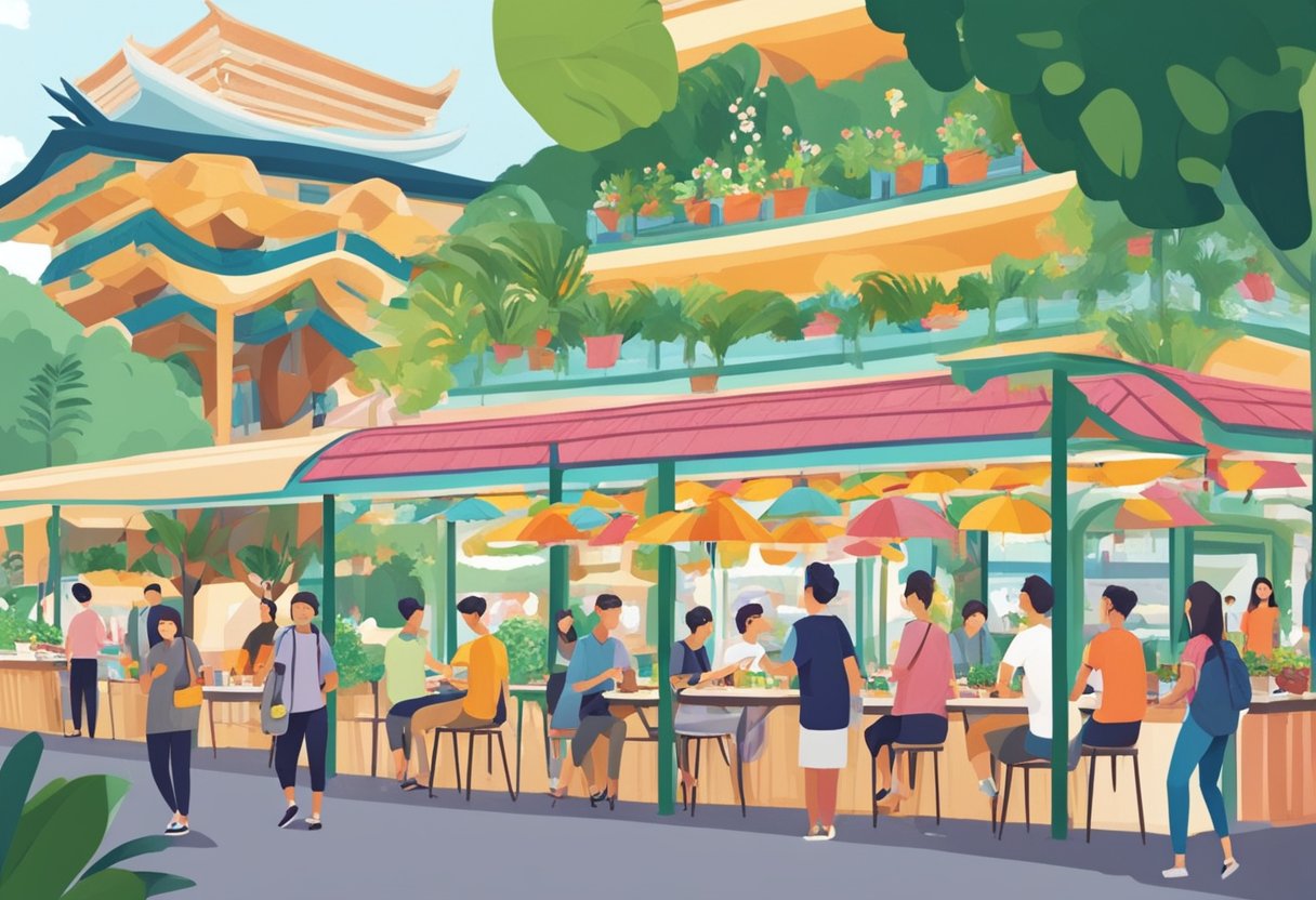 Friends enjoying various activities in Singapore: dining at hawker centers, exploring Gardens by the Bay, shopping at Bugis Street, and visiting Sentosa Island