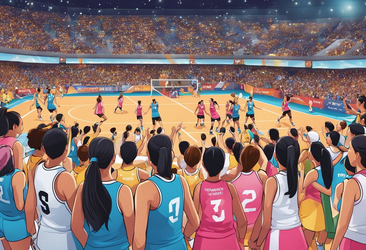Netball Singapore logo displayed prominently with players in action on the court, surrounded by a crowd of spectators cheering and enjoying the game