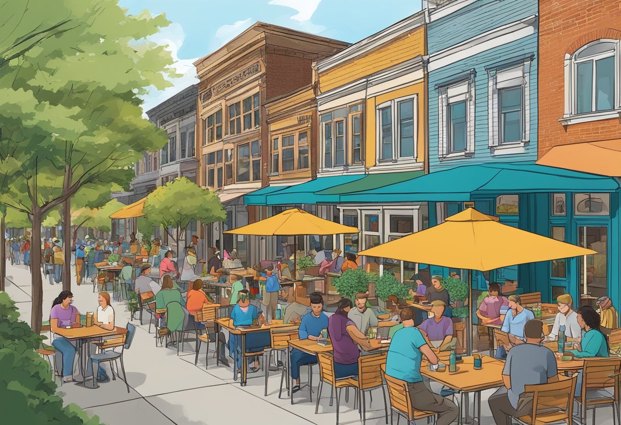 A bustling outdoor dining area at Rochester Park, with colorful restaurant facades and people enjoying their meals